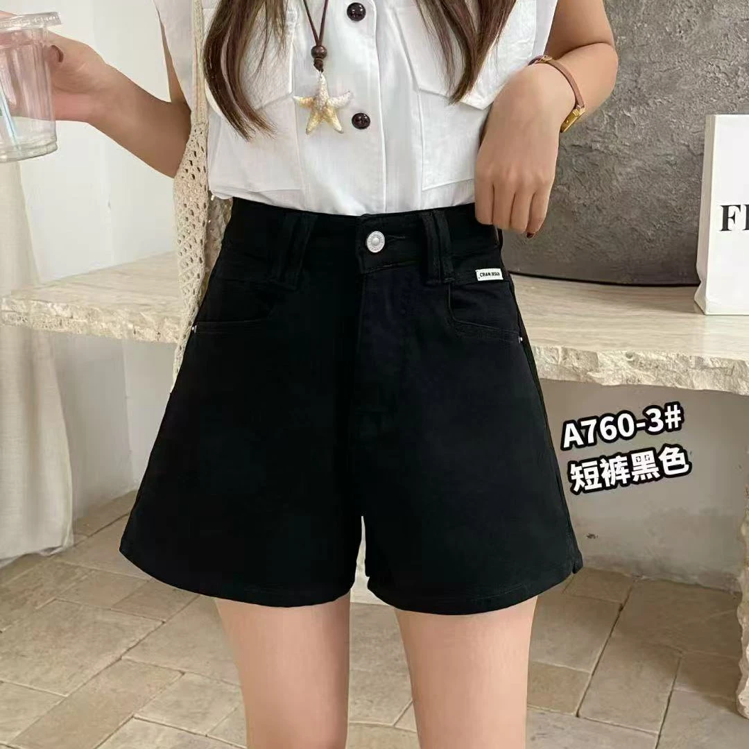 760#夏季新款黑色裤脚小开叉时尚显瘦百搭牛仔短裤