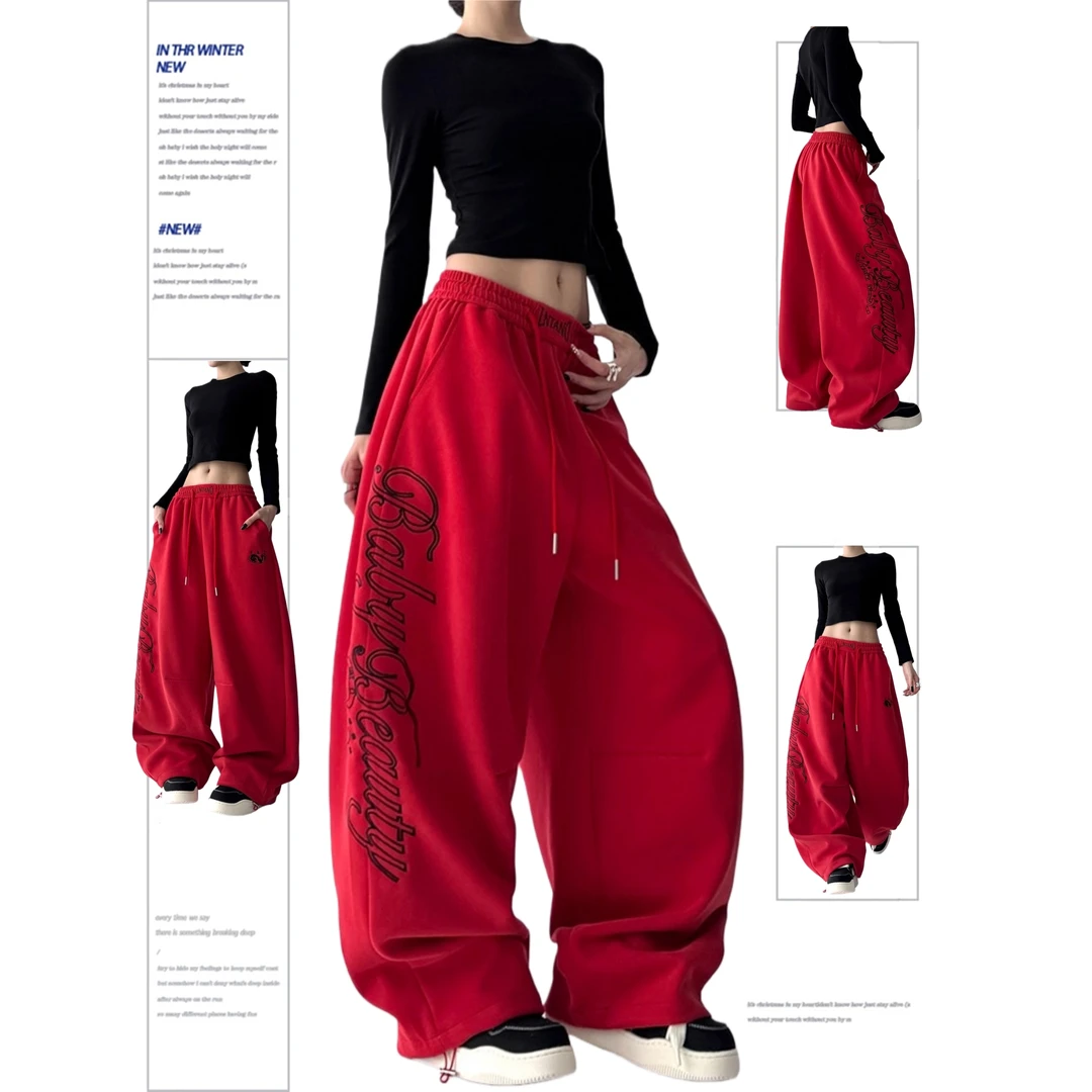 新年红加绒秋冬新款复古字母刺绣长裤男女宽松休闲裤卫裤棉裤
