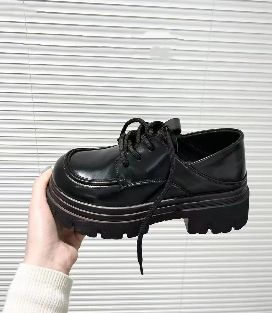 7602-1英伦风厚底乐福单鞋女春季新款学院风系带两穿黑色小皮鞋