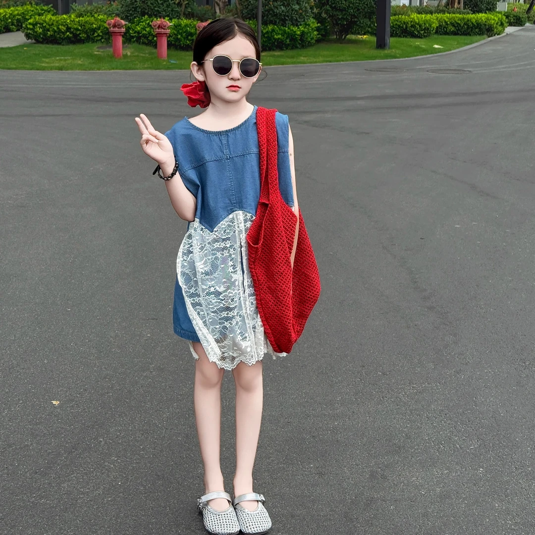 女童夏季新款2025薄款韩版田园风牛仔蕾丝拼接上衣休闲短裤套装潮