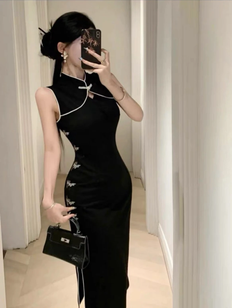 168 新中式国风旗袍改良年轻款高级感气质名媛无袖修身包臀连衣裙