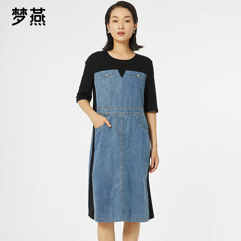 梦燕夏季女款时尚百搭气质宽松休闲显瘦牛仔拼接连衣裙AB02B3501