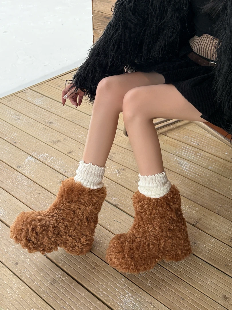 厚底毛毛靴秋冬加绒卷毛雪地靴女鞋2025年新款毛毛鞋保暖棉鞋短靴