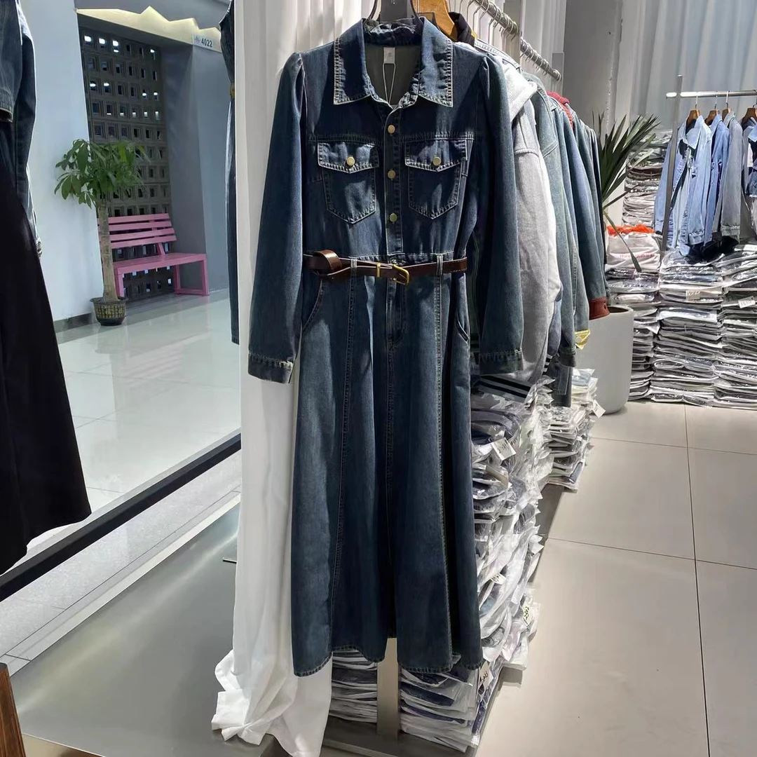 蓝色扣子长袖牛仔连衣裙#气质时尚休闲百搭女士黑色设计师拼接