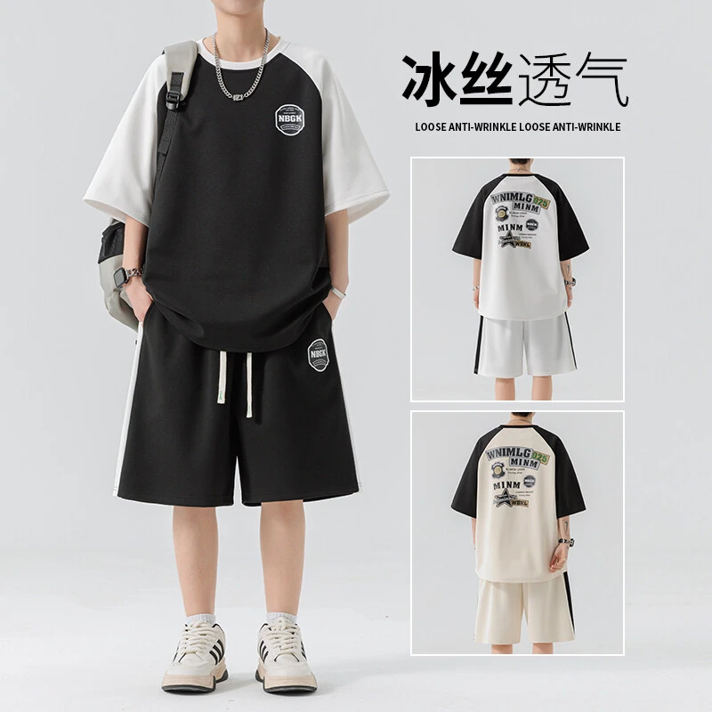 2025新款夏季短袖青少年潮拼接冰丝运动休闲套装男港风宽松一整套