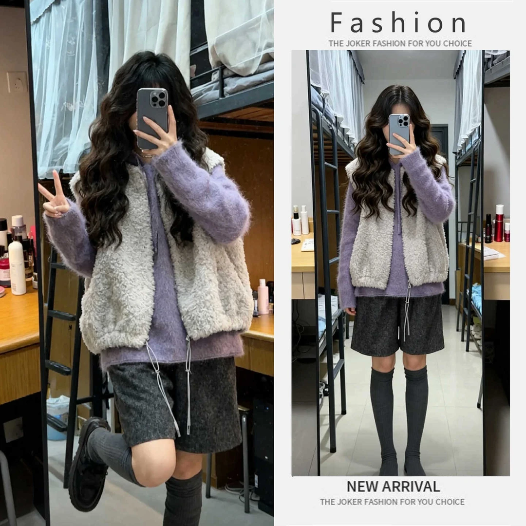 2025冬季慵懒松弛叠穿保暖毛绒马甲外套连帽针织毛衣短裤三件套装