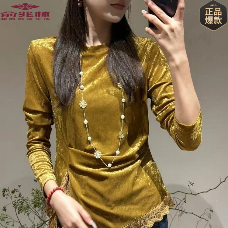 丝绒花边打底衫气质收腰显瘦长袖秋装新款新款秋冬女小衫衬衫上衣