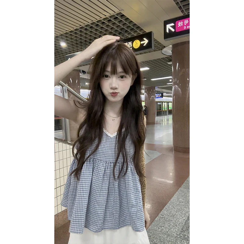 【5219】【格子盛夏】韩系复古格子背心无袖上衣女宽松甜美小吊带