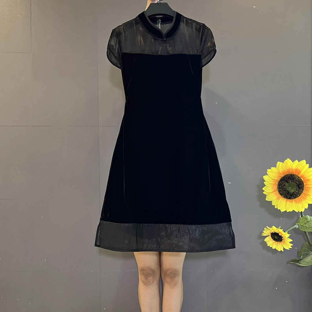 新中式国风黑色网纱拼接气质显瘦高品质丝绒连衣裙