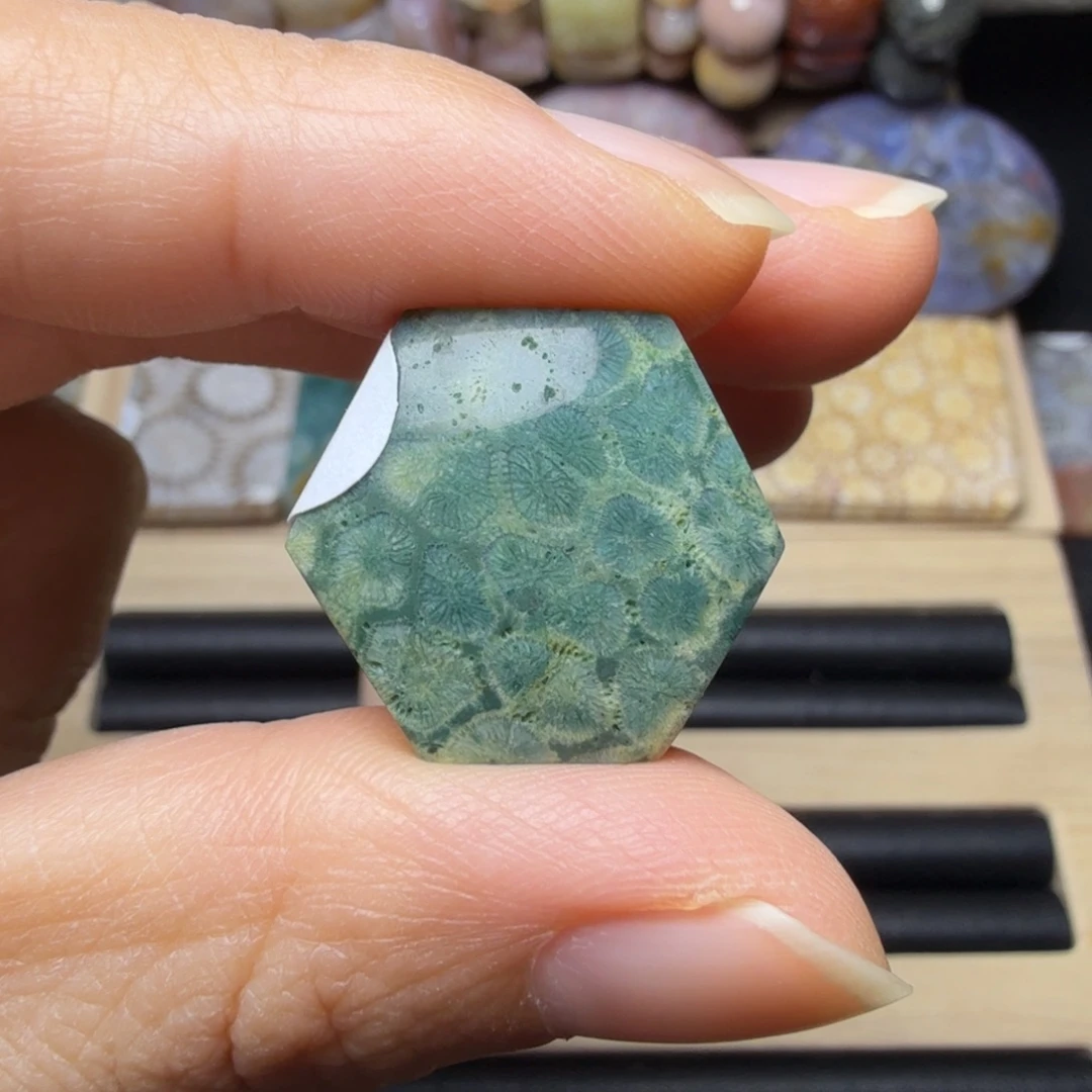 硅化玉未镶嵌绿花，六边形 有骨骼