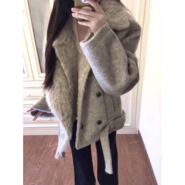 冬季美式小众设计感毛领保暖棉服女复古高级感双排扣外套裤子套装