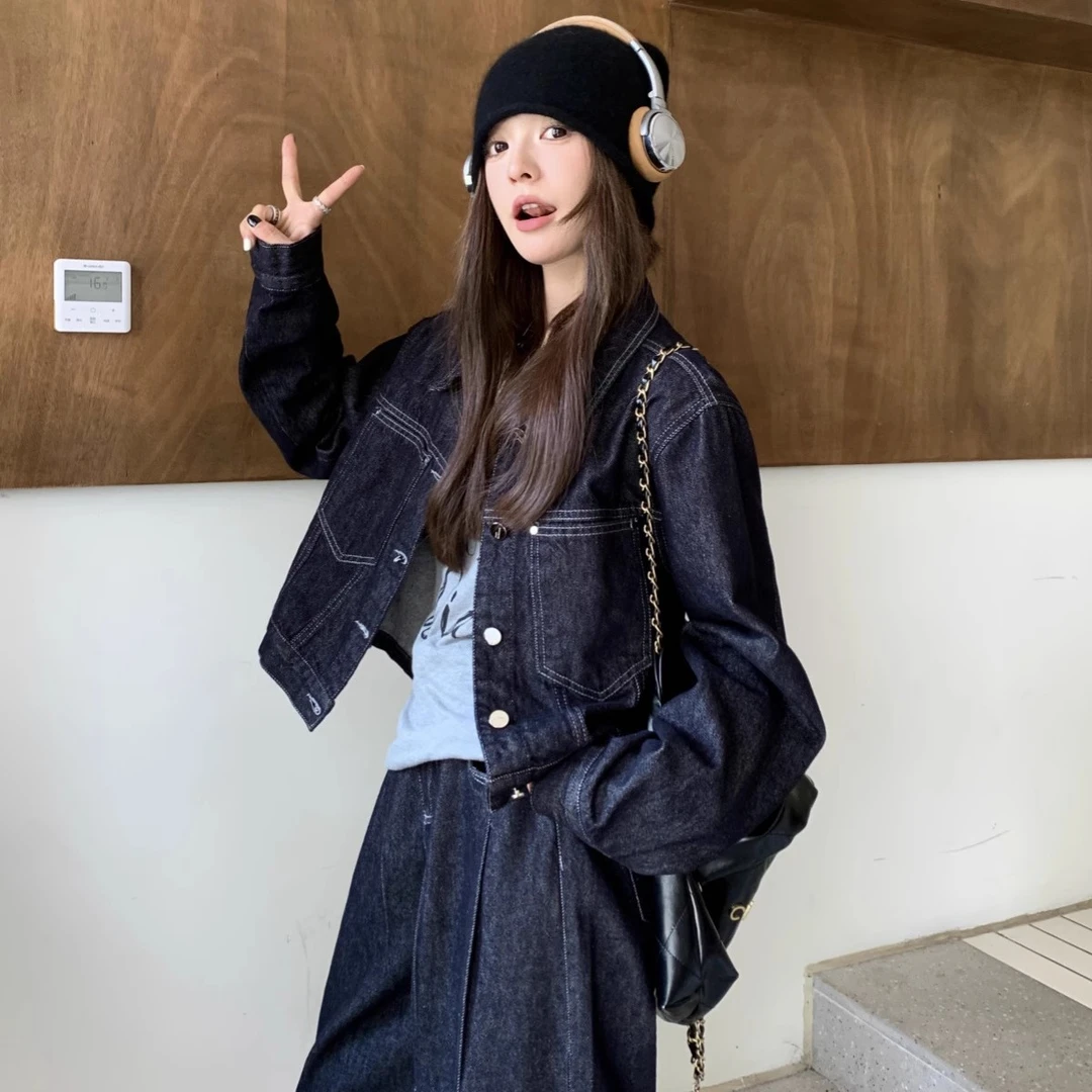 深蓝色短款牛仔外套阔腿裤开春套装女秋新款设计感复古夹克两件套