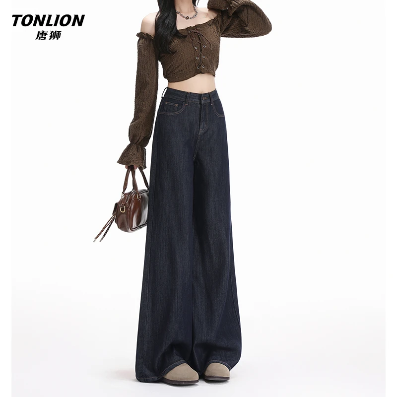 唐狮设计感深蓝阔腿牛仔裤女秋季美式高腰宽松垂感百搭直筒裤子