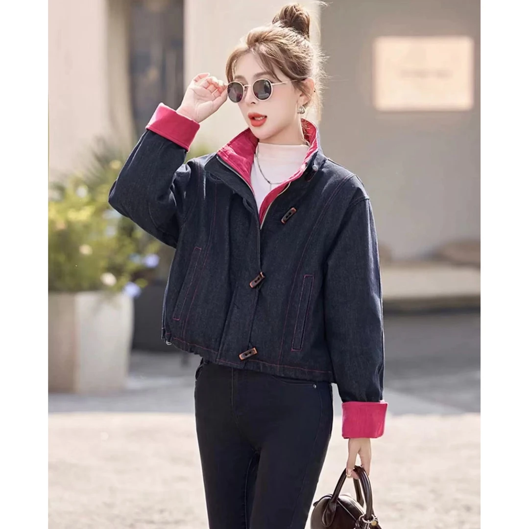 689-冬季新款超好看立领牛角扣宽松夹克短外套