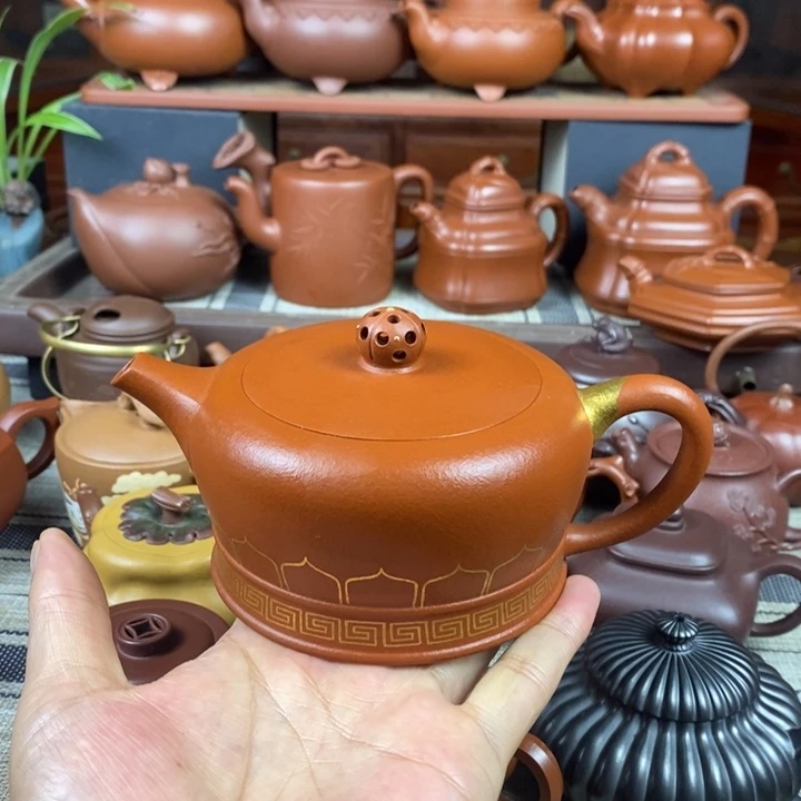 紫砂茶壶禅件360cc原矿一厂老红土描金丝特价