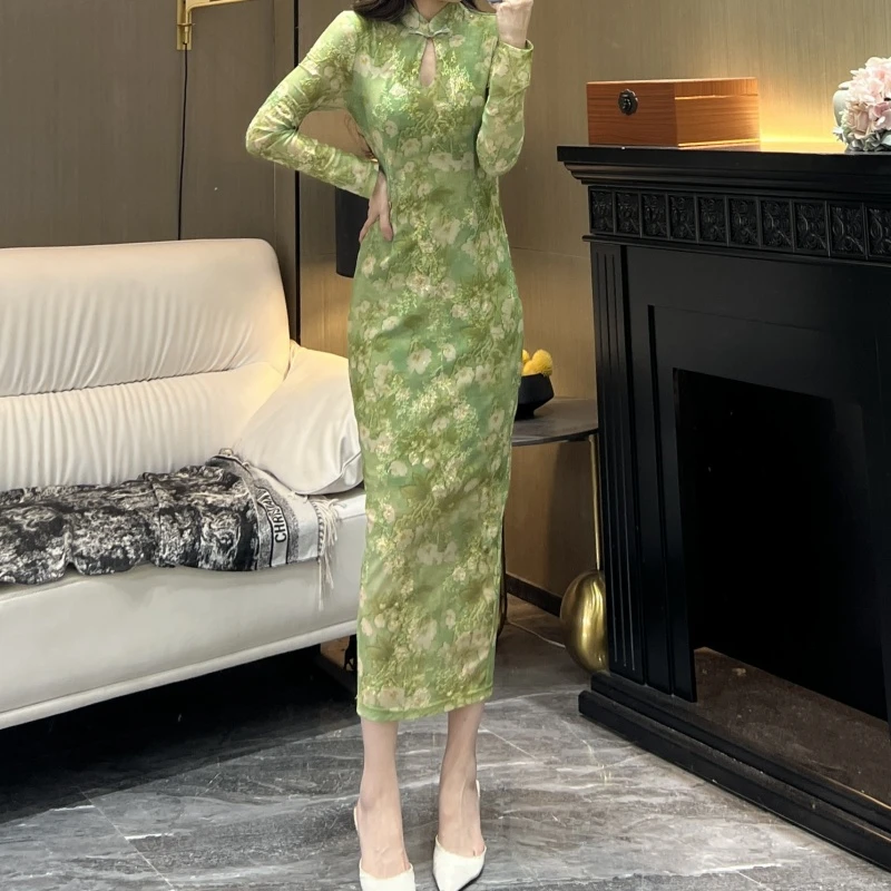 气质女人味轻奢立领长袖烧花扎染绿意思牵显瘦性感包身开衩连衣裙
