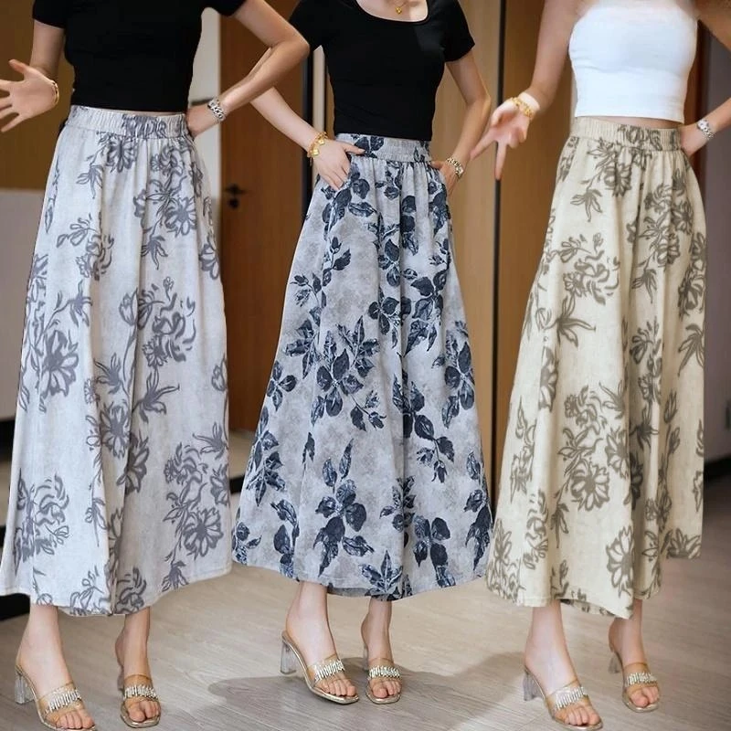 【现货+运补】冰丝复古印花裙裤女2025夏季新款显瘦薄款宽松休闲裤