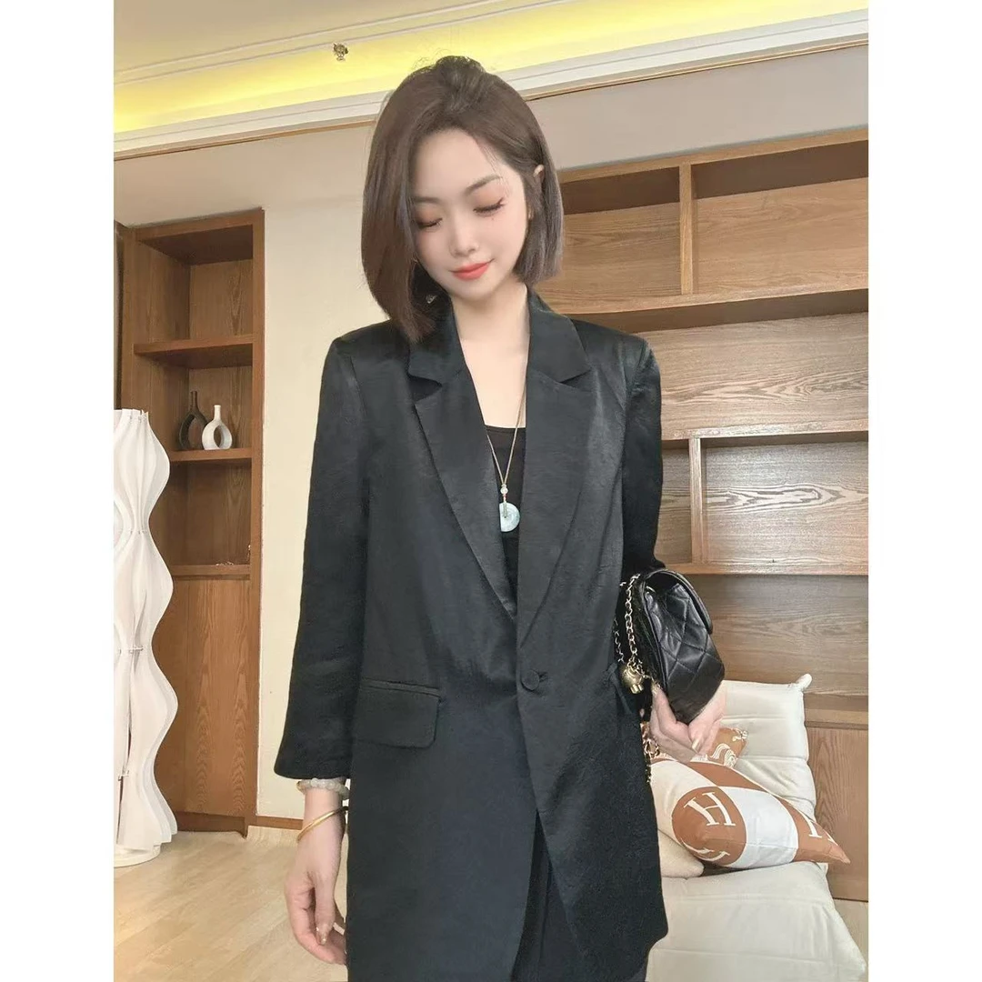100%醋酸【中长款】茜百万时尚短袖西装女气质显瘦百搭休闲外套简约
