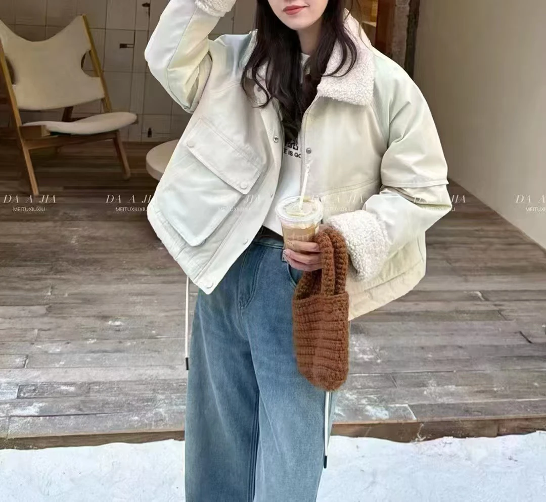 那简家7736「现货」韩版白鸭羊羔毛翻领中长款派克服