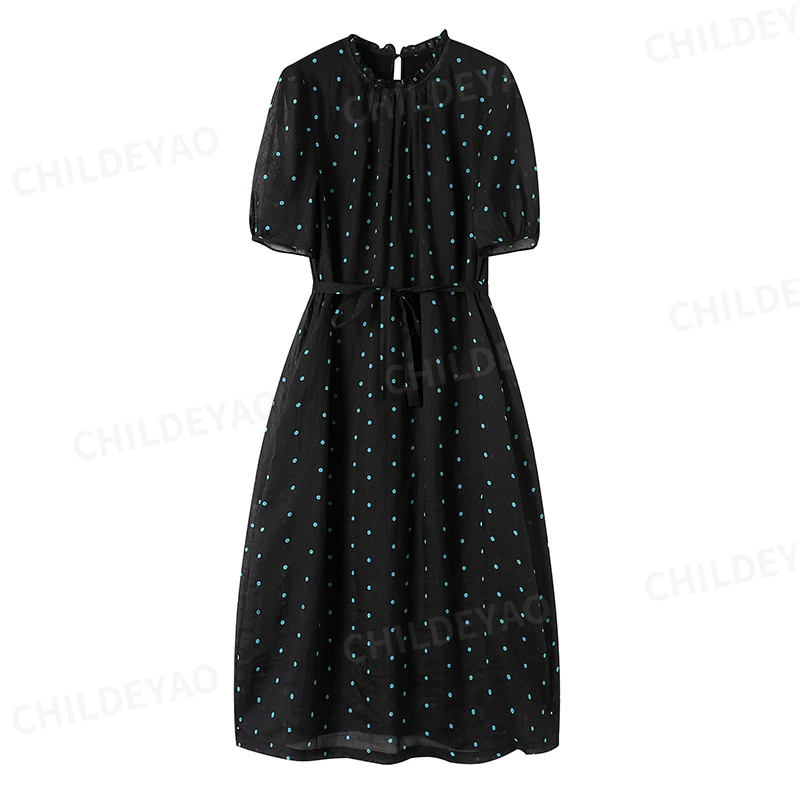 Childe Yao100%苎麻夏季新款波点连衣裙收腰气质显瘦裙子L407038