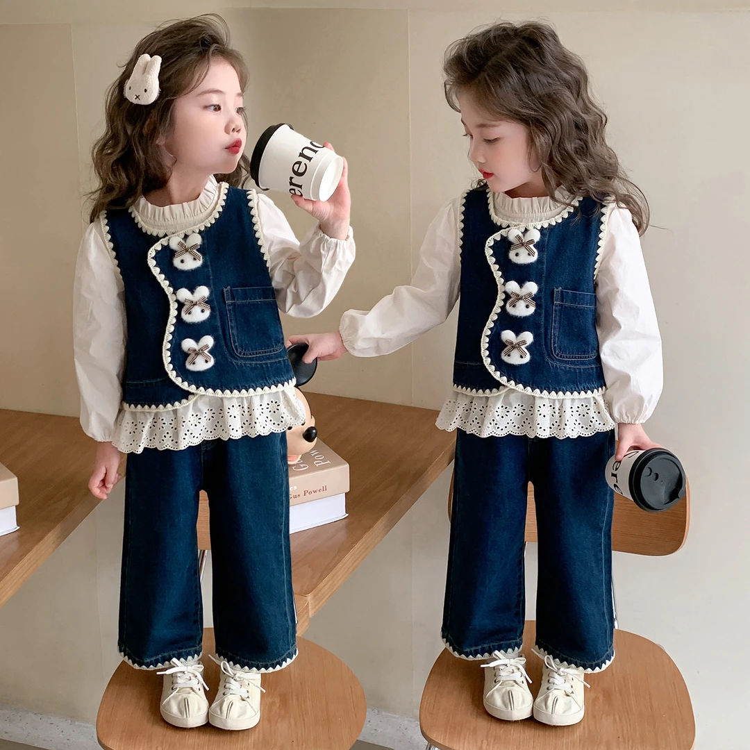 儿童牛仔马甲三件套秋季2025新款小女孩时髦洋气韩版春秋女童套装