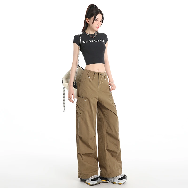 美式工装裤女夏季高腰显瘦宽松垂感薄款长裤休闲一字牛仔裤女孩