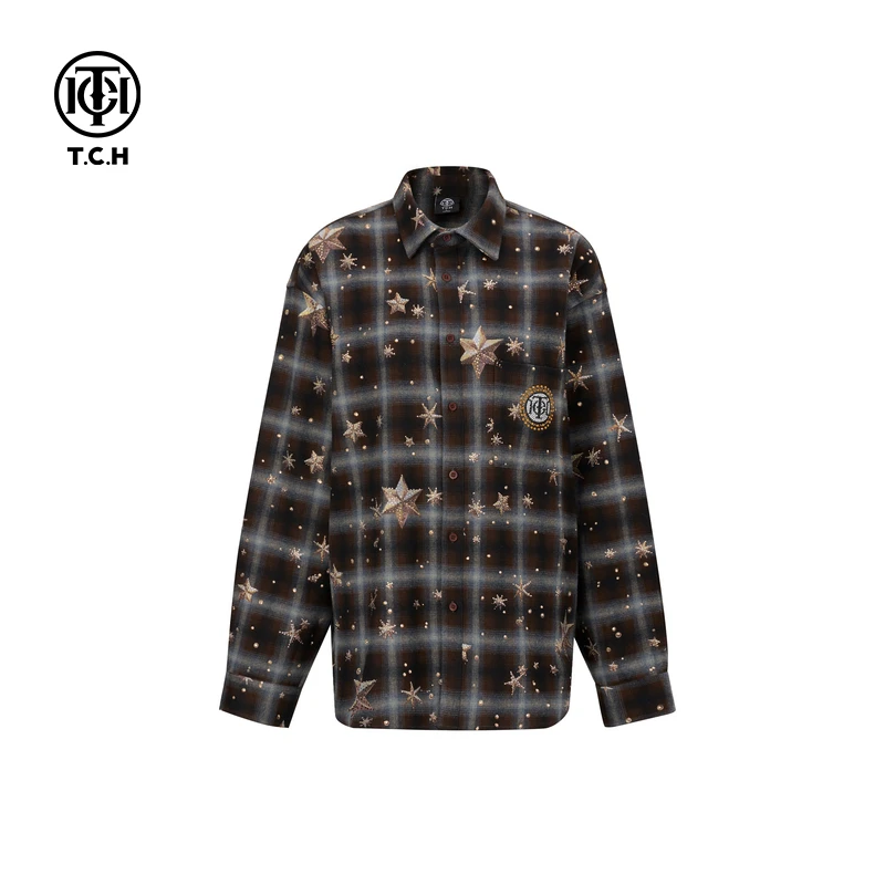 TCH服饰店播-潮牌时尚烫钻格子衬衫外套男女同款T75A136011