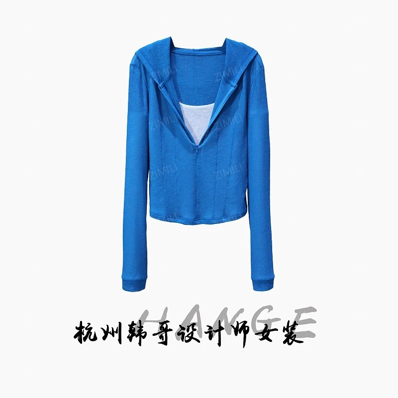 【韩哥女装】2025孔雀蓝鱼骨收腰撞色拼接假两件连帽皮肤衣8829