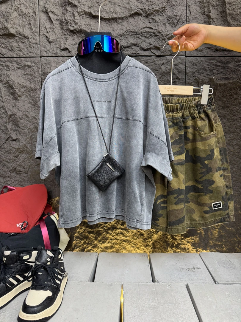 SMALL TIMES 2025潮牌炒盐洗水怀旧色蝙蝠袖上衣