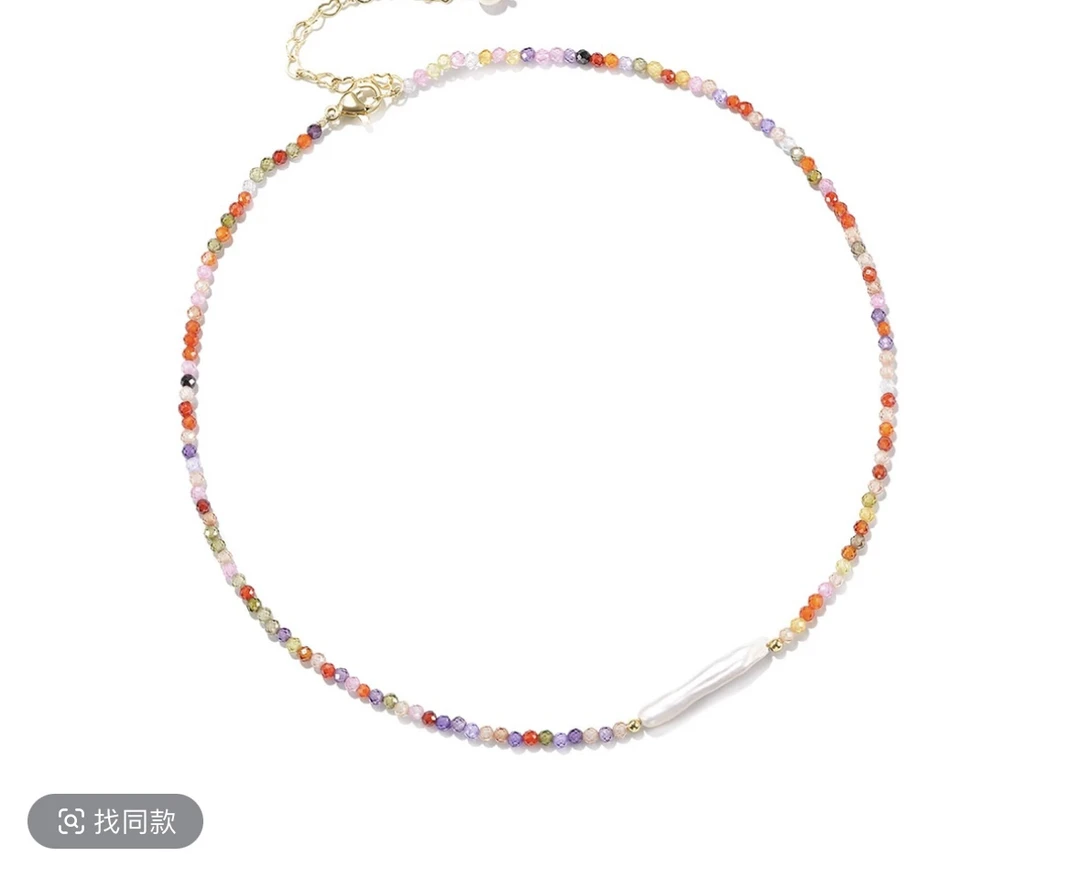 彩色配色天然珍珠巴洛克小银条项链
