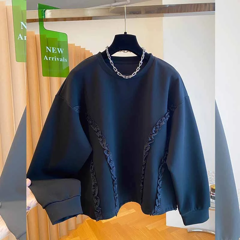 韩版复古木耳边圆领大版卫衣女宽松显瘦休闲洋气春秋季高级感上衣