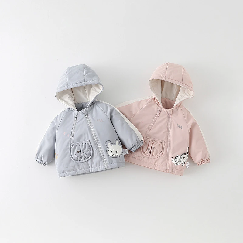2201男童防风夹棉外套连帽加绒加厚款冬季女宝卡通婴儿洋气休闲