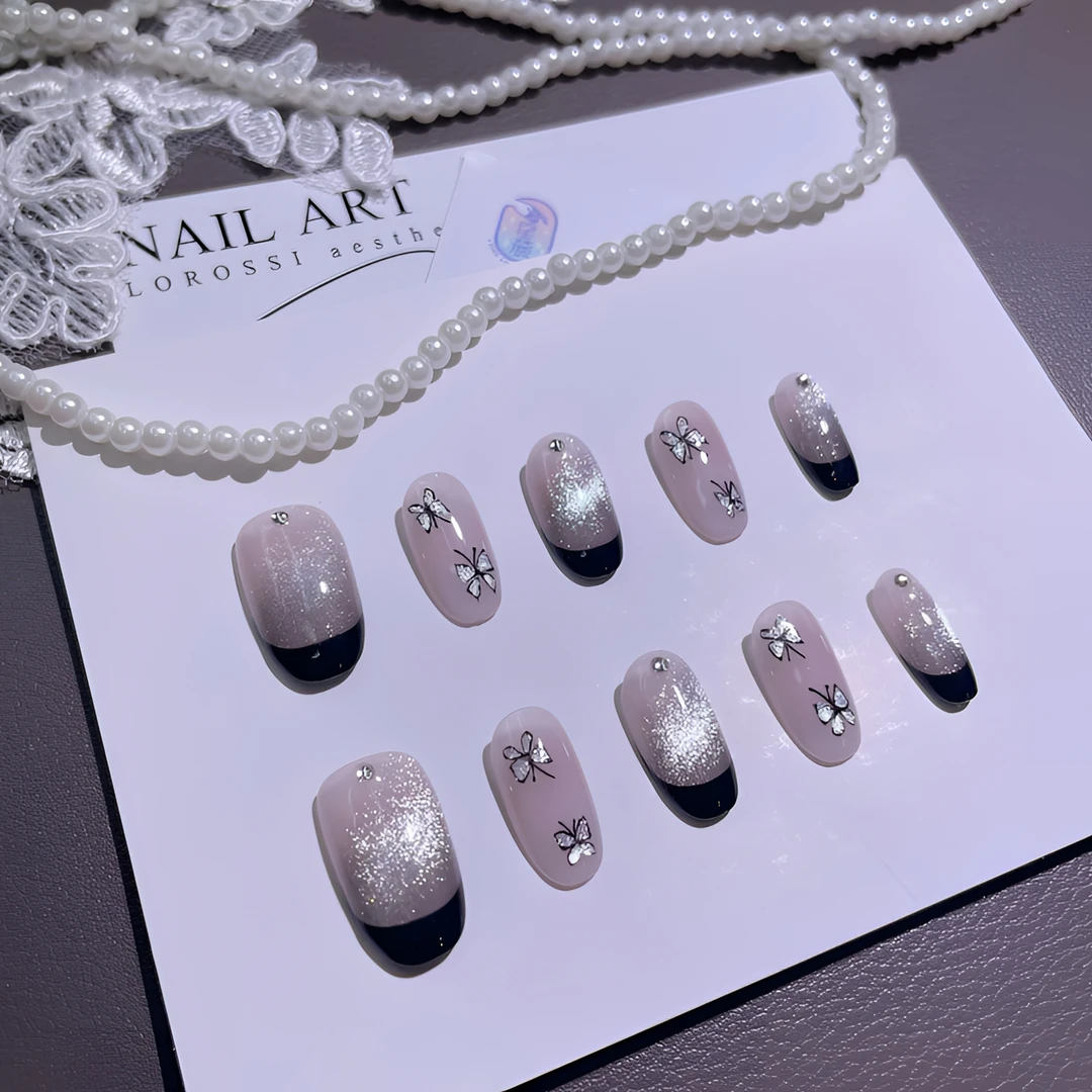 A1673『晶蝶法式』经典莹亮碎闪猫光手绘法式蝴蝶纯手工制作穿戴甲