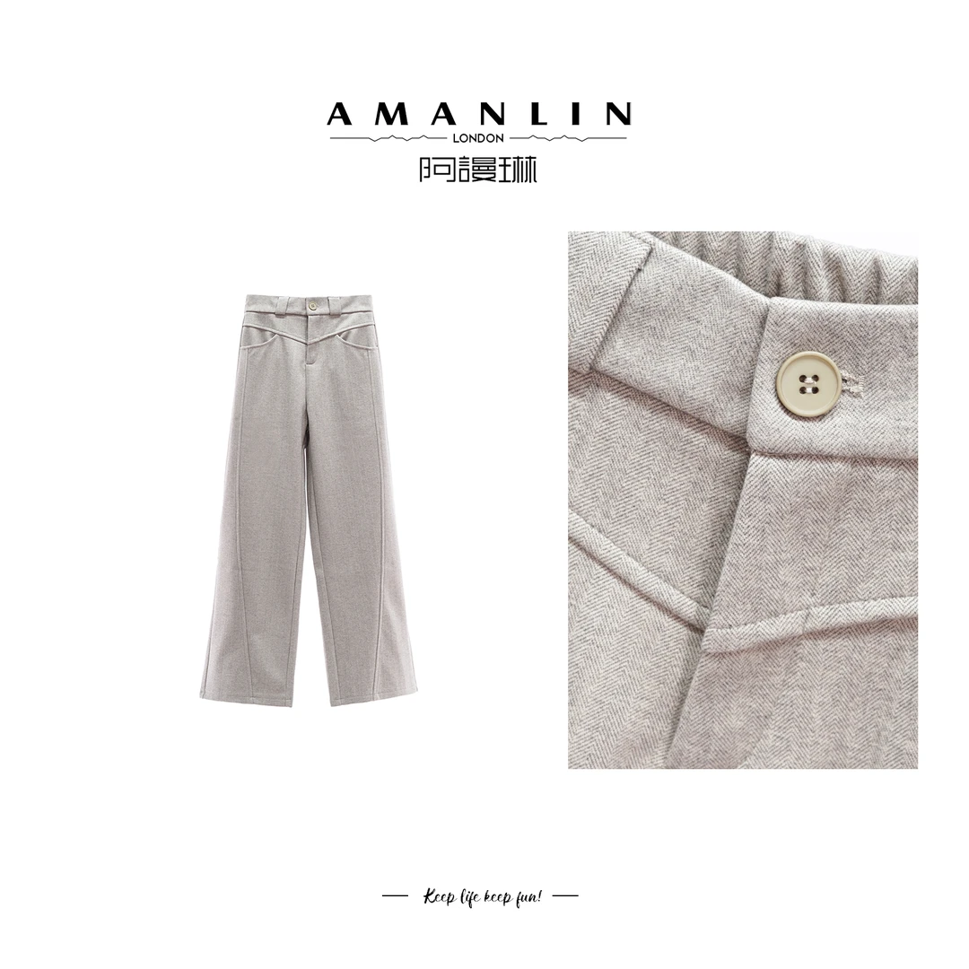 气质休闲款高腰显瘦新款小众百搭直筒裤垂感F593686