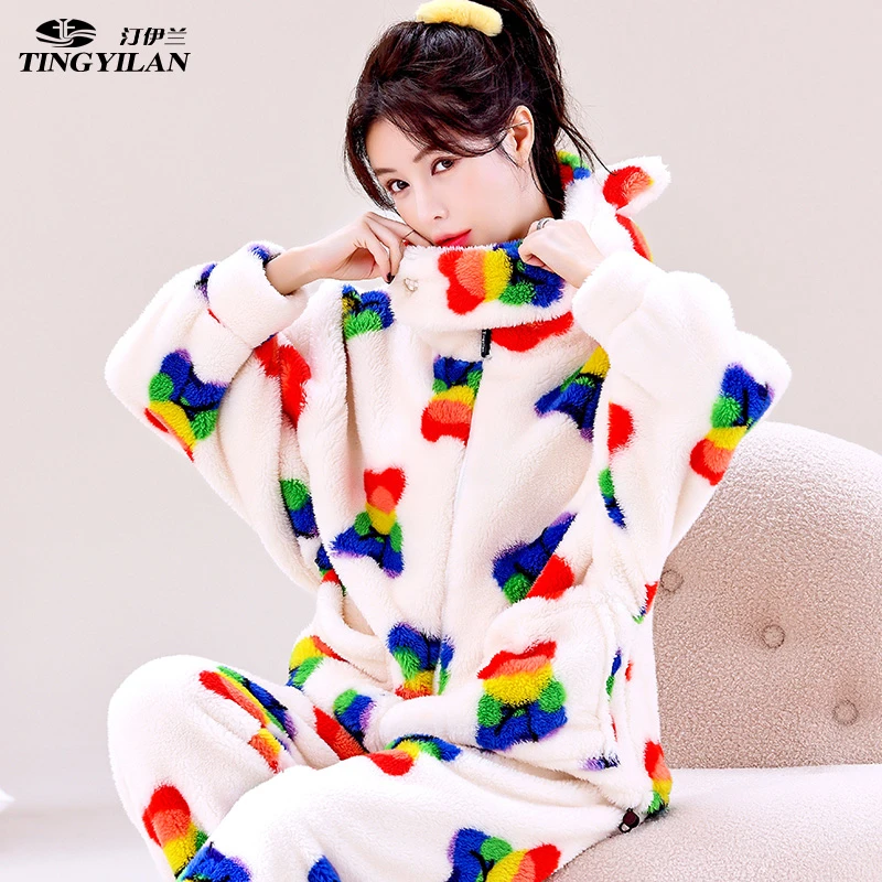 五彩熊连帽爆款睡衣女冬季可外穿加厚加绒新款家居服套装冬款