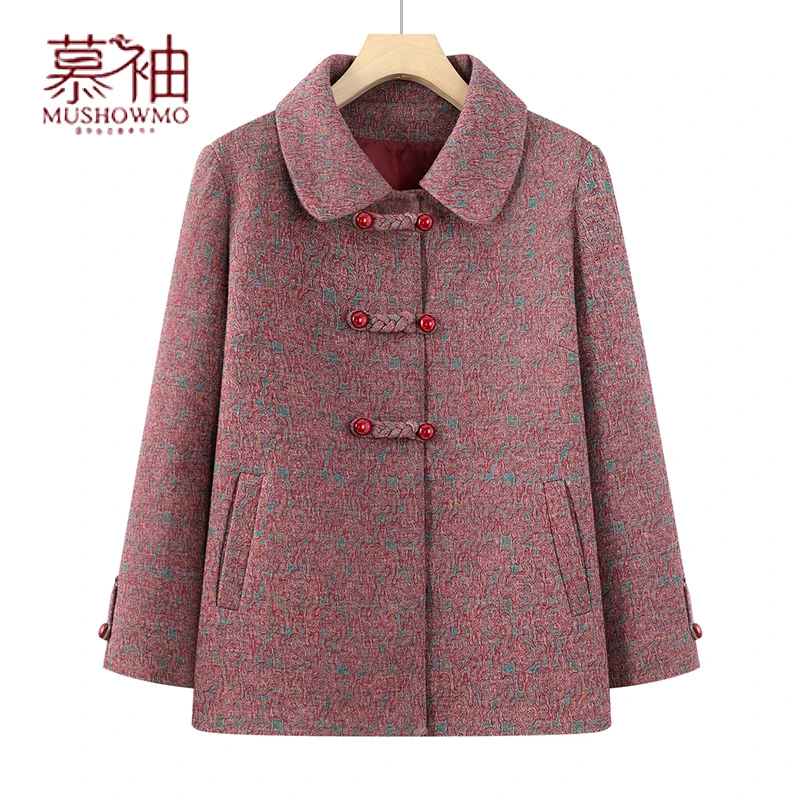 奶奶装上衣春秋款翻领老太太毛呢外套气质妈妈中老年女装复古风衣