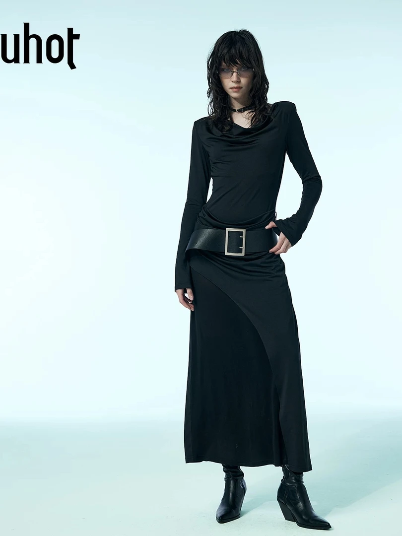 uhot/诱货黑色荡领长连衣裙配：腰带复古优雅25秋季新款UWWA1L267