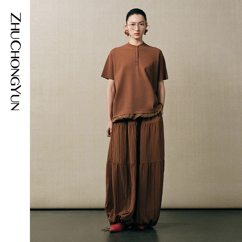 【轻语秋实】ZHUCHONGYUN2025秋新款下摆抽绳宽松廓形短袖C1FZ3705M