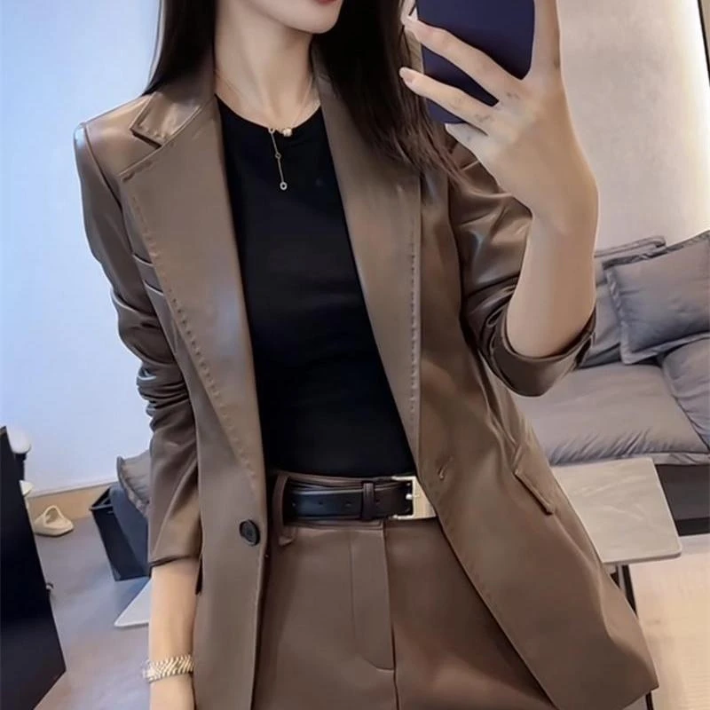 早秋网红爆款时尚显气质瘦高端洋气百搭纯色小众潮流女西服皮外套