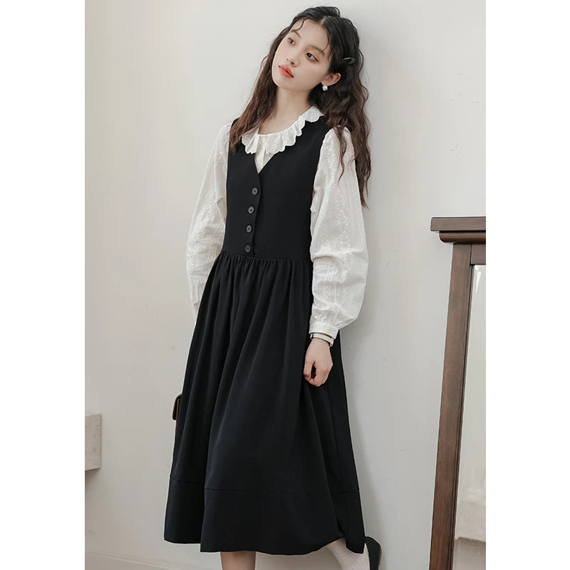 2025春季新款复古文艺收腰显瘦V领百褶背心小个子连衣裙+衬衣女