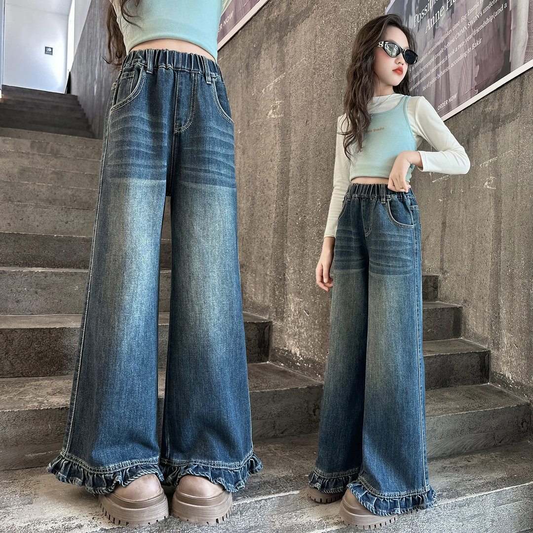 女童裤子牛仔阔腿裤春秋装新款中大童韩版休闲直筒裤秋季宽松长裤