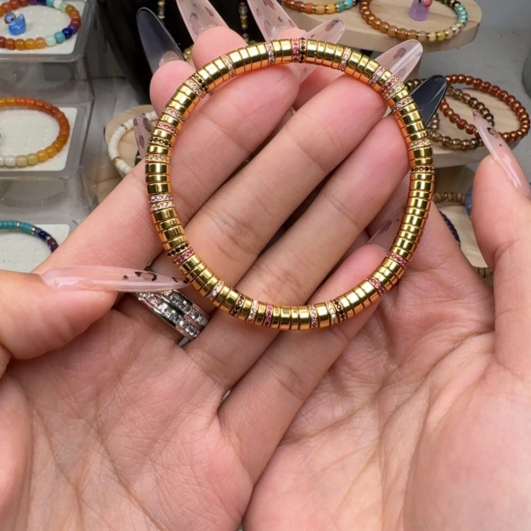 紫***色石英质玉（黄龙玉）银S925镀金镶嵌手串5.5mm银钻镀金手串