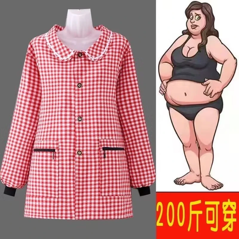 胖人大码加肥加大围裙罩衣围裙前系扣家用厨房透气长袖工作服