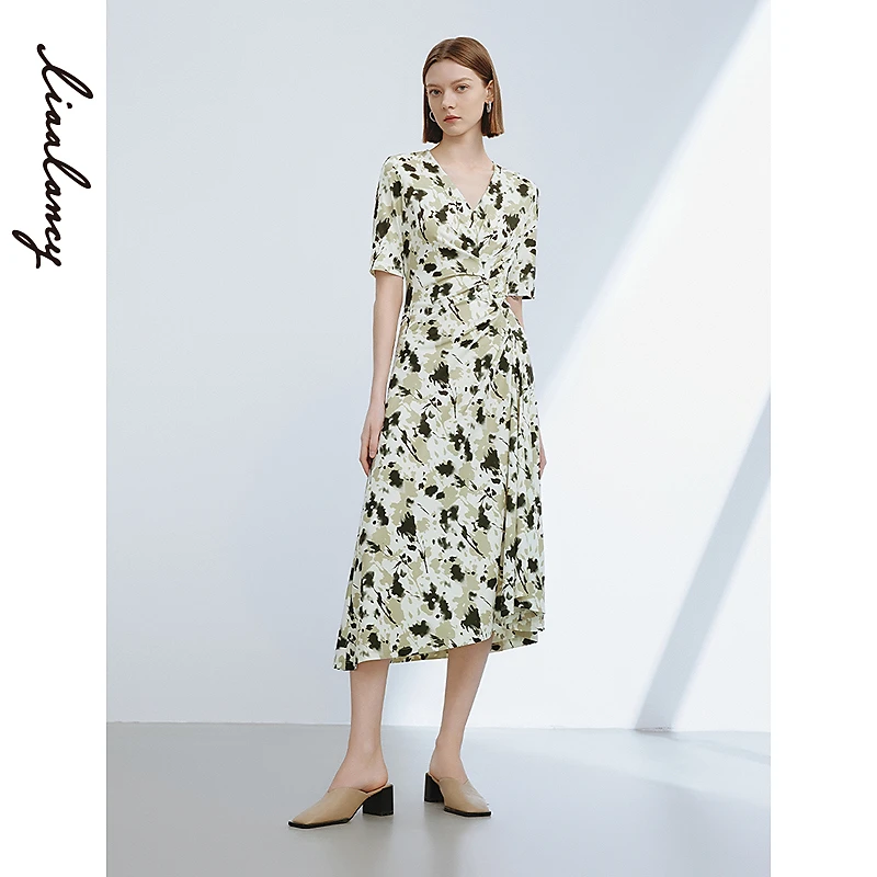 【专柜同款】朗姿法式印花设计感礼服裙年气质收腰高级感连衣裙女