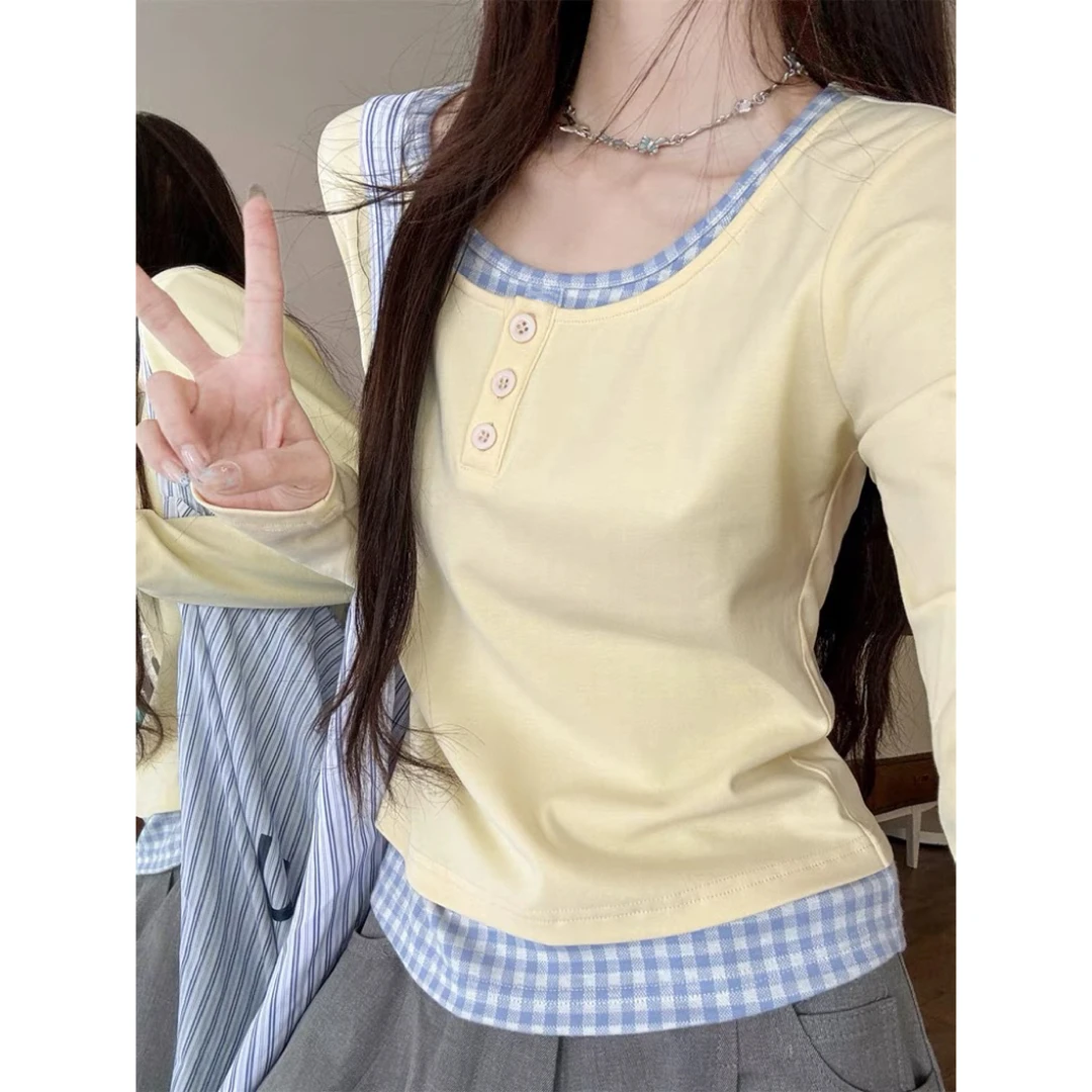 T 辣妹方领假两件t恤春季显瘦2025内搭打底衫甜美短款上衣#9020