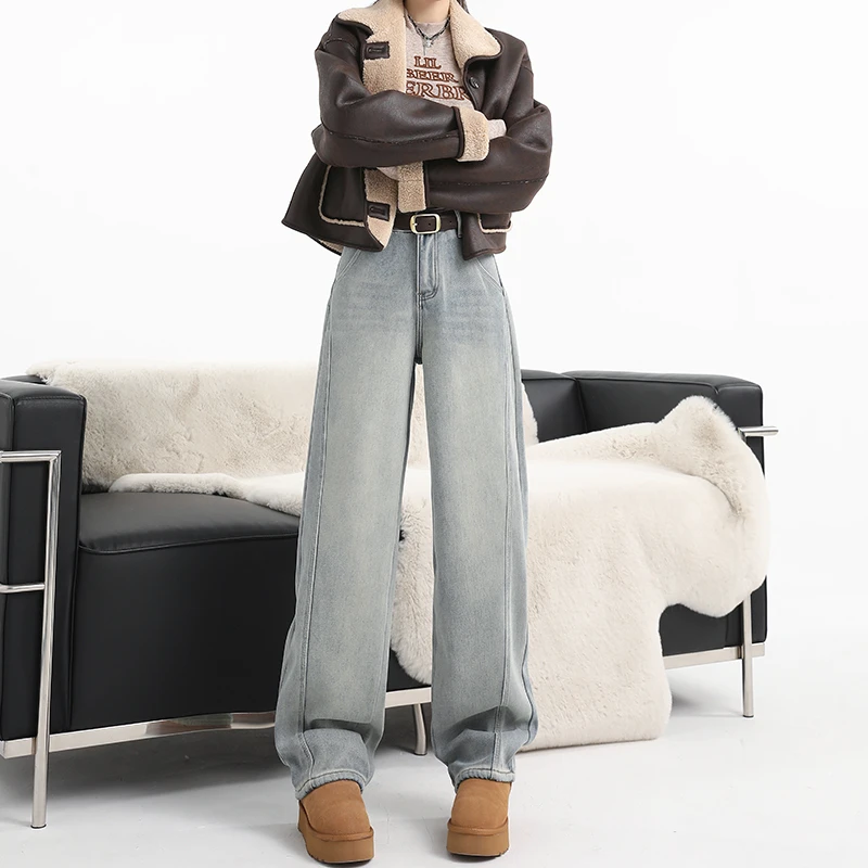 蓝色宽松阔腿牛仔裤2025春秋新款小个子高腰显瘦垂感拖地直筒裤子