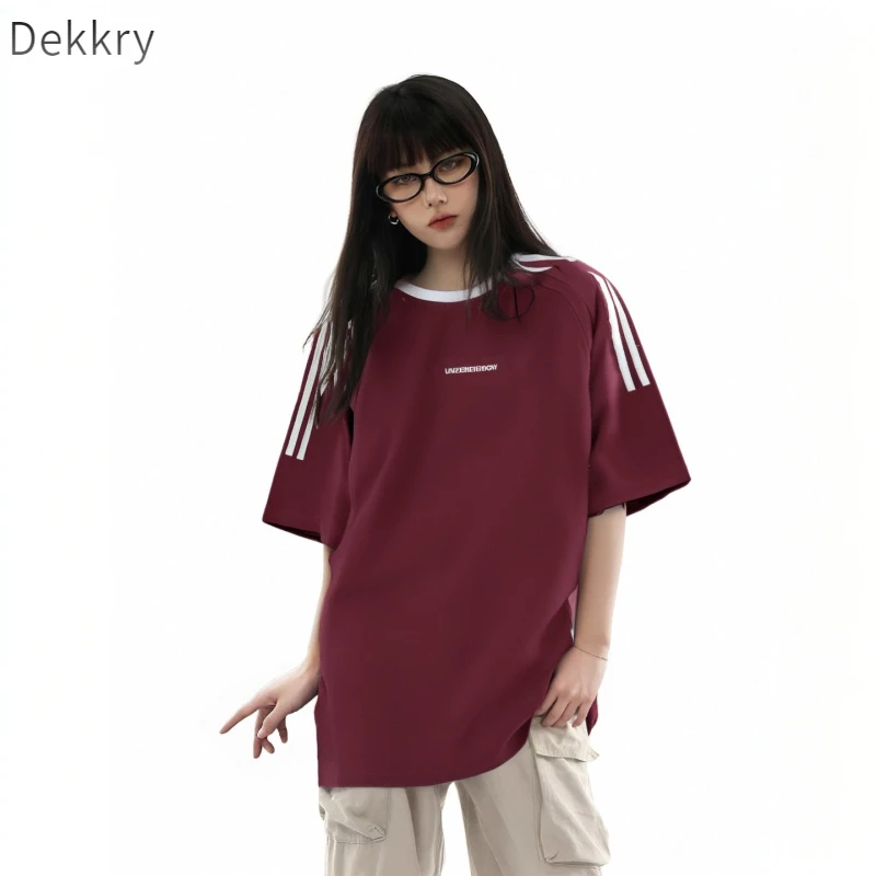 Dekkry美式三条杠夏季几何字母短袖T恤时尚撞色情侣拼色运动潮流