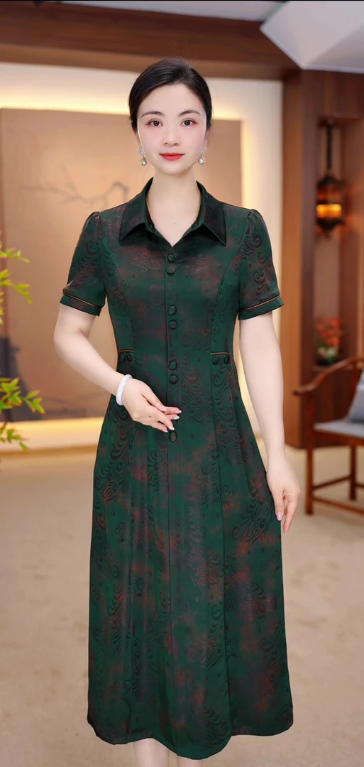 2025夏新款大码遮肉显瘦改良旗袍中老年气质妈妈装连衣裙