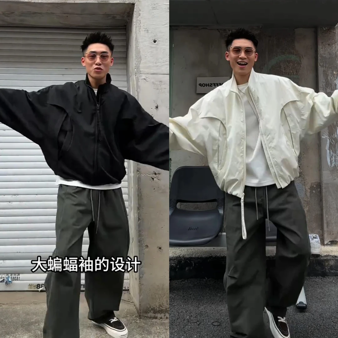 美式飞行员夹克男秋季潮牌蝙蝠袖翻领外套宽松户外防风工装冲锋衣