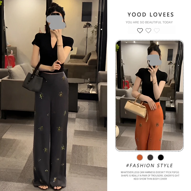 2025夏季新款复古慵懒风薄款V领T恤高腰烫钻阔腿休闲裤两件套女